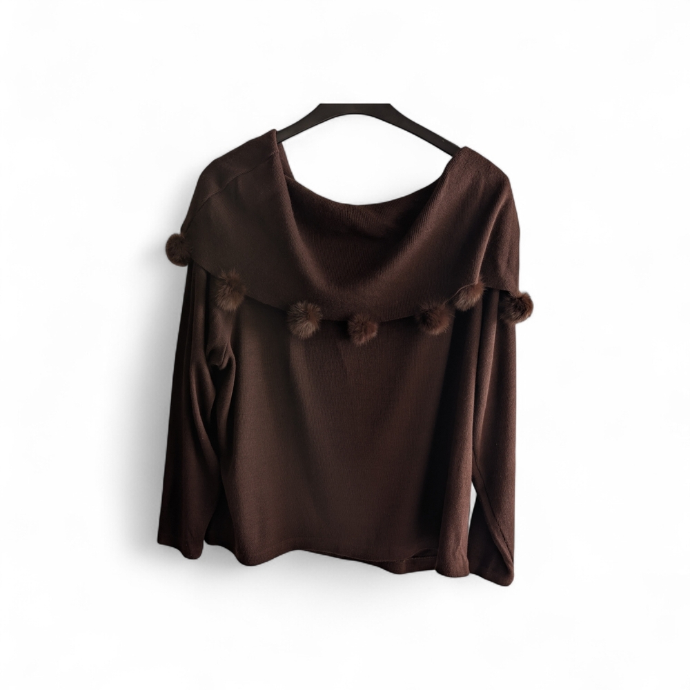 Cato Off-the-Shoulder Brown Sweater with Pom-Poms